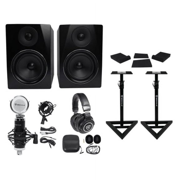 Rockville APM6B Bundle: 6.5" 2-Way 350-Watt Powered USB Studio Monitors, RVSM1 Monitor Stands, RRS190S Foam Isolation Pads, PRO-M50 Headphones, RCM03 Pro Studio Recording Condenser Microphone