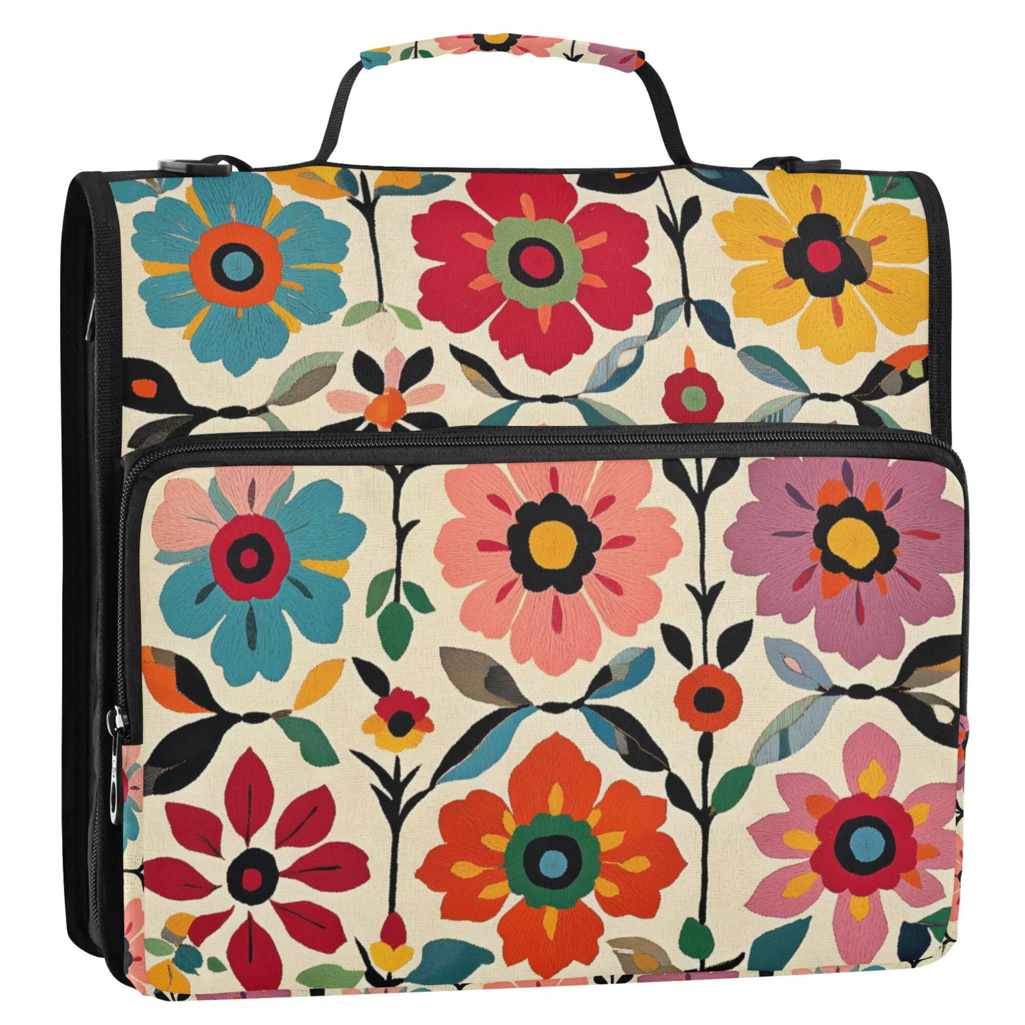 FORMRS Zipper Binder with Shoulder Strap 2-inch Ring 500 Sheet Capacity File Bag, Colorful Flowers