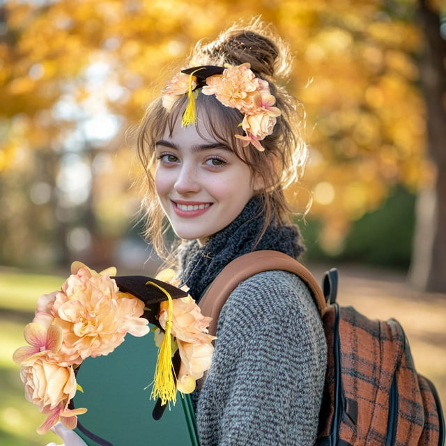 Diadema de graduación floral con mini gorra | Pinza para el cabello de flor sintética para gorra de graduación | Accesorio para el cabello de tela hecha a mano | Accesorio fotográfico para la