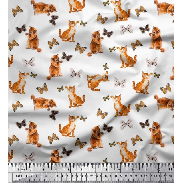 Soimoi White Cotton Poplin Fabric Insect & Cat Animal Fabric Prints by Yard 56 Inch Wide