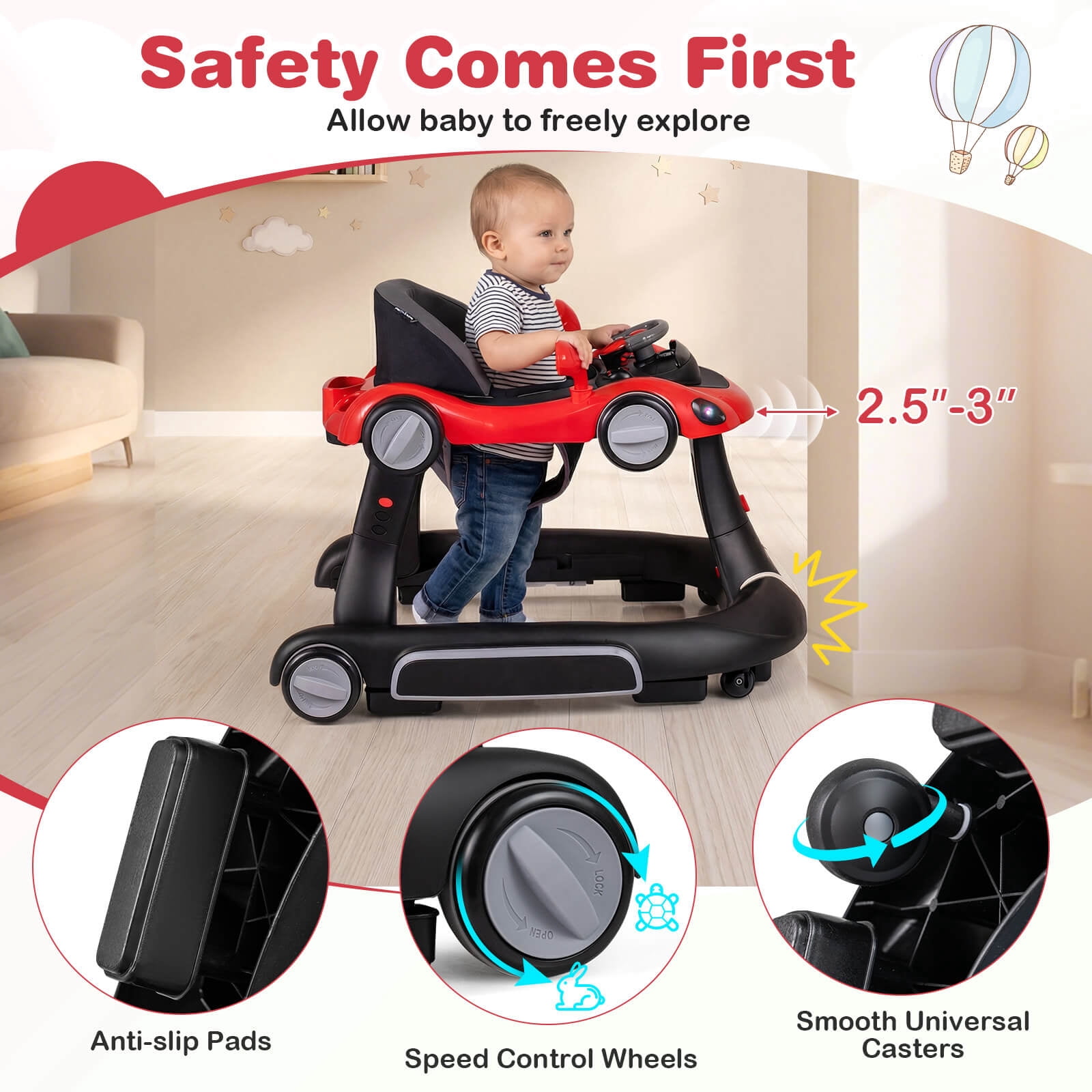 Babyjoy 6-in-1 Baby Walker with Canopy, Music, Lights, Speed/Height Adjustment & Wheels Red + Black