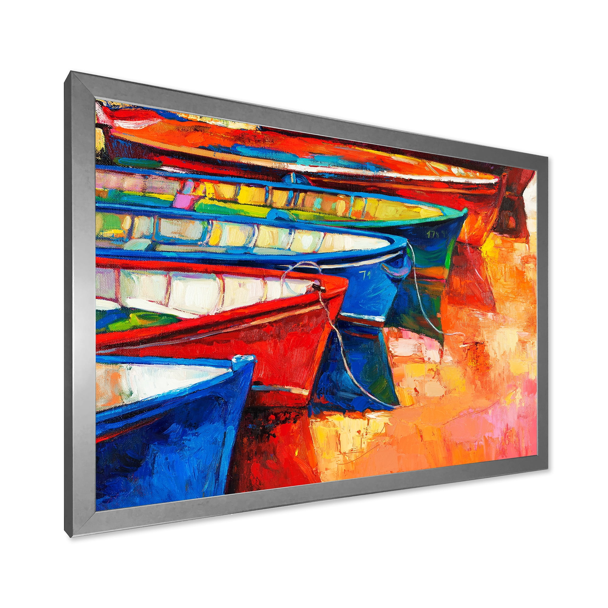 Boats During Warm Colored Sunset In The Harbor II 20 in x 12 in Framed Painting Canvas Art Print, by Designart