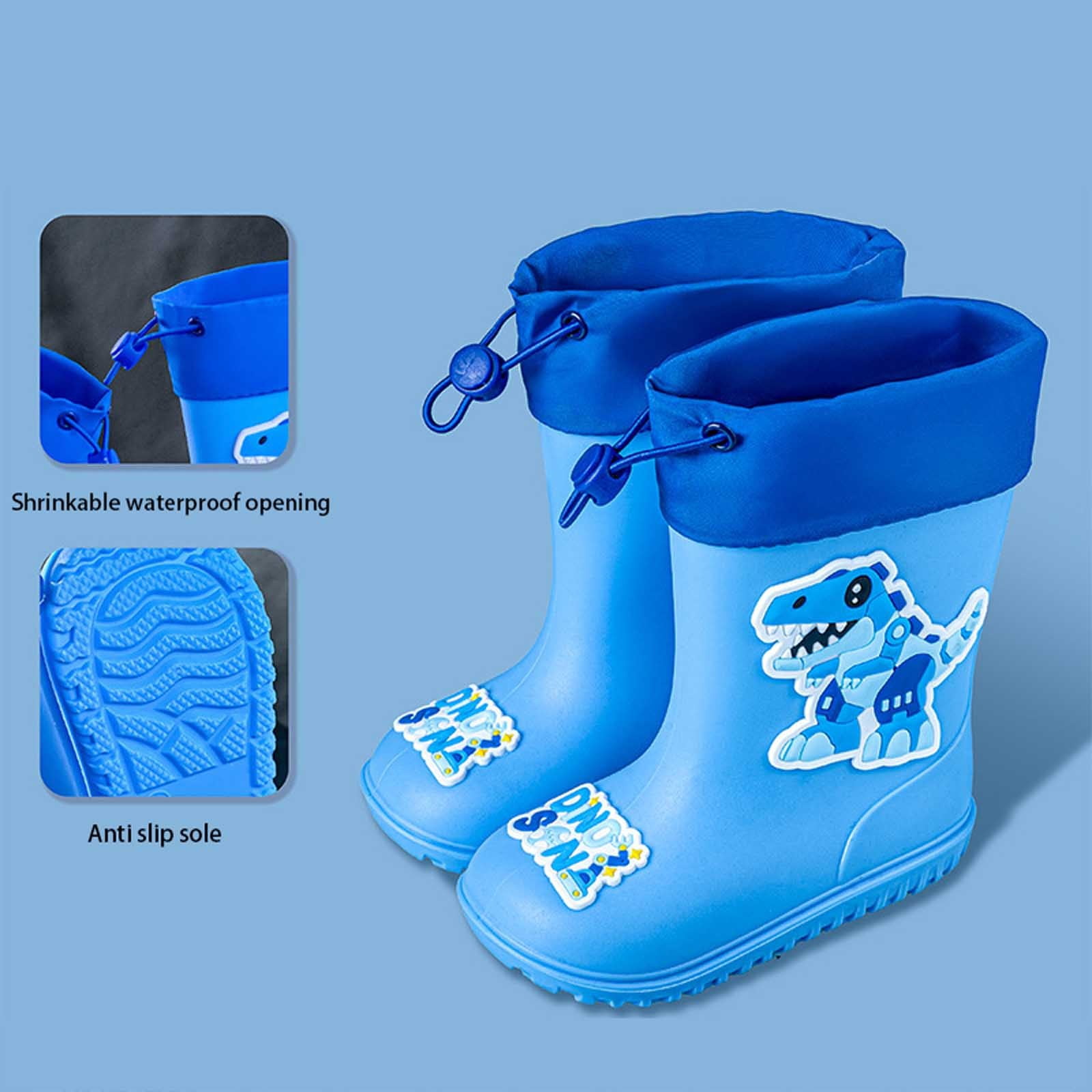 Wuxian Rain Boot For Girls Rain Boots Lightweight Anti- Cute Cartoon Dinosaur Pattern Rain Booties Waterproof Soft Sole Easy Put On Drawstring Rainy Shoes,Blue,11-11.5T