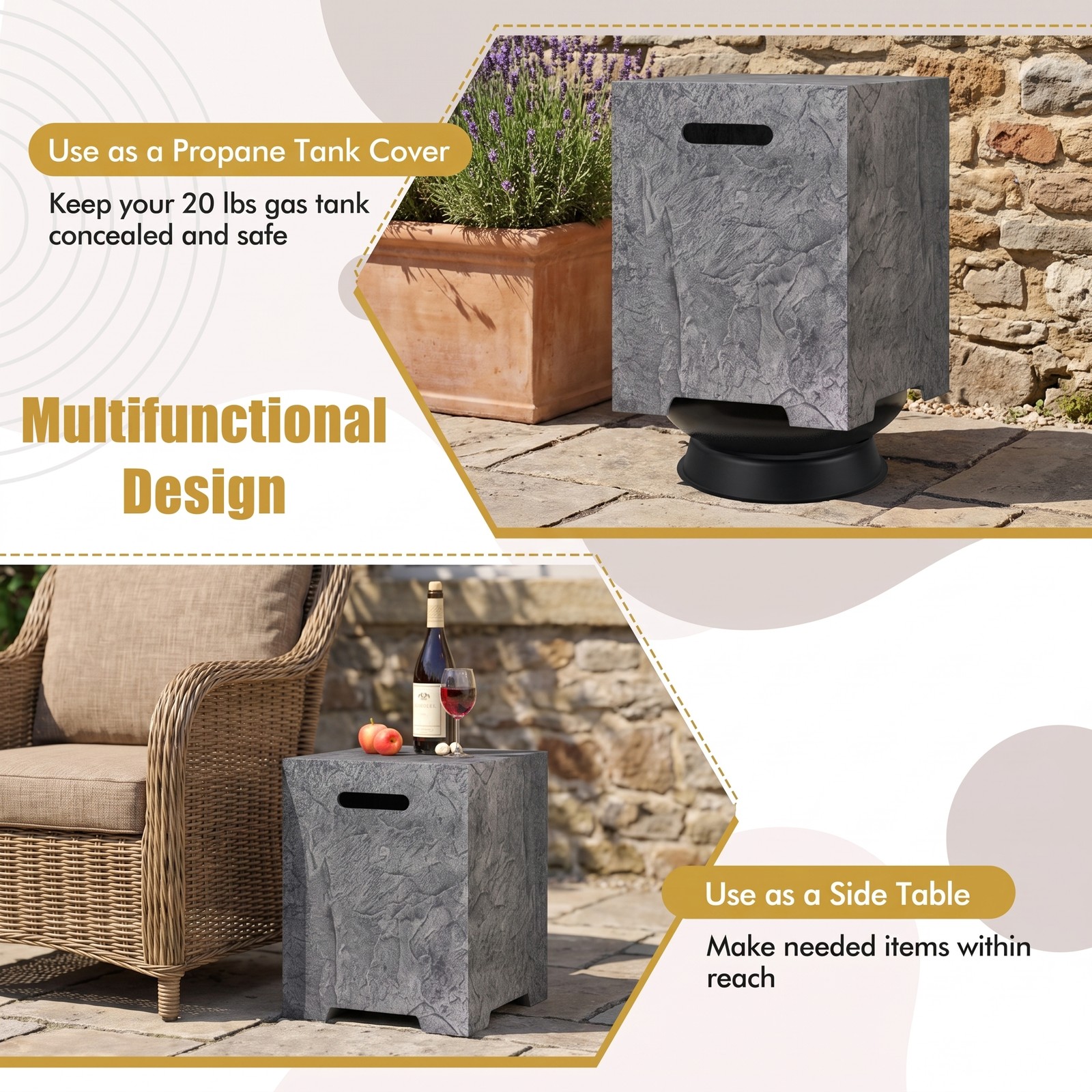 Biotree Propane Tank Cover Table, Outdoor Gas Tank Storage Hideaway Holder with Cut-Out Handles and Rain Cover, Weather-Resistant Side Table for 20 lb Tanks, Gray