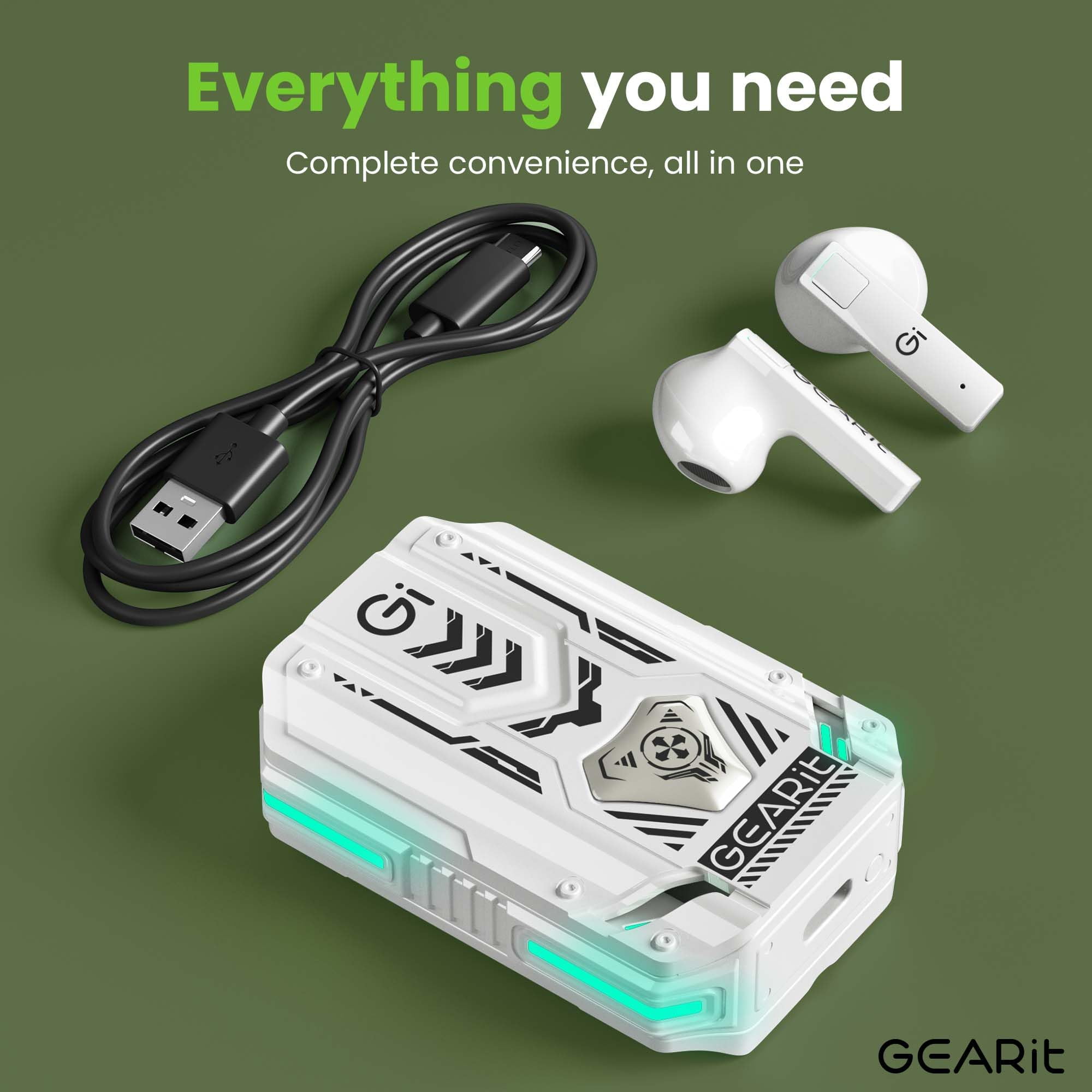GEARit True Wireless Earbuds - Bluetooth Earbuds with Microphone, BT 5.3 - White in Ear Headphones with RGB Charging Case - Compatible with iPhone and Android Phones - Great for Work, Gym, Calls