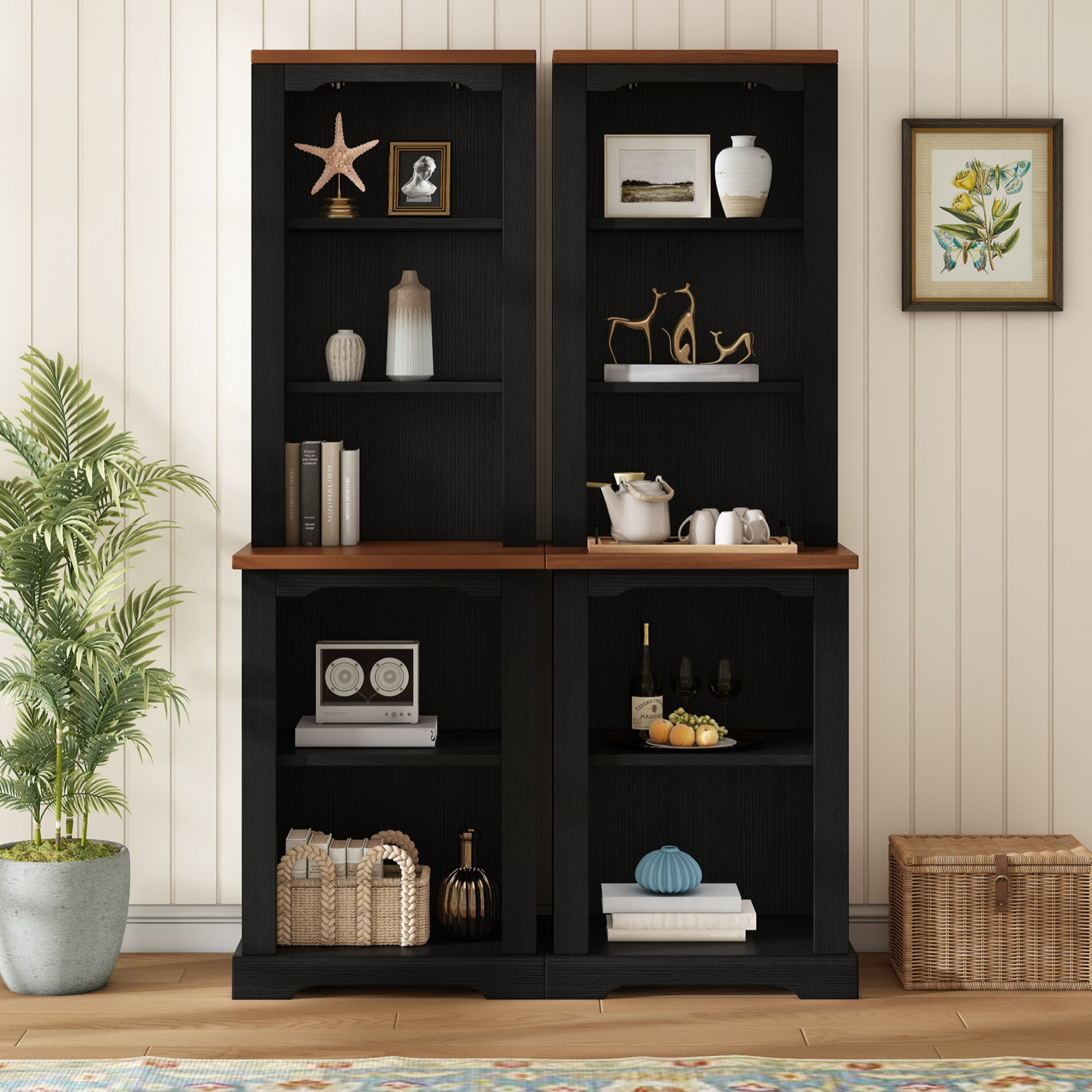 Miniyam 21" x 15" x 66" 2-Piece Freestanding Tall Cabinet with Fully Open Storage, Bookshelves with Curved Design, Display Bookcase with Anti-Tip Device, Black