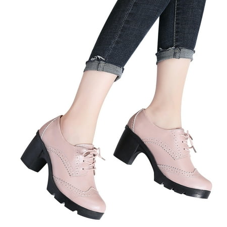 BLTIBY Women s Oxford Shoes Leather Lace-up Chunky Mid Heel Retro Carved Hollowed Out Lace Cut Round Toe Comfortable Casual Formal Work Shoes Pink 37