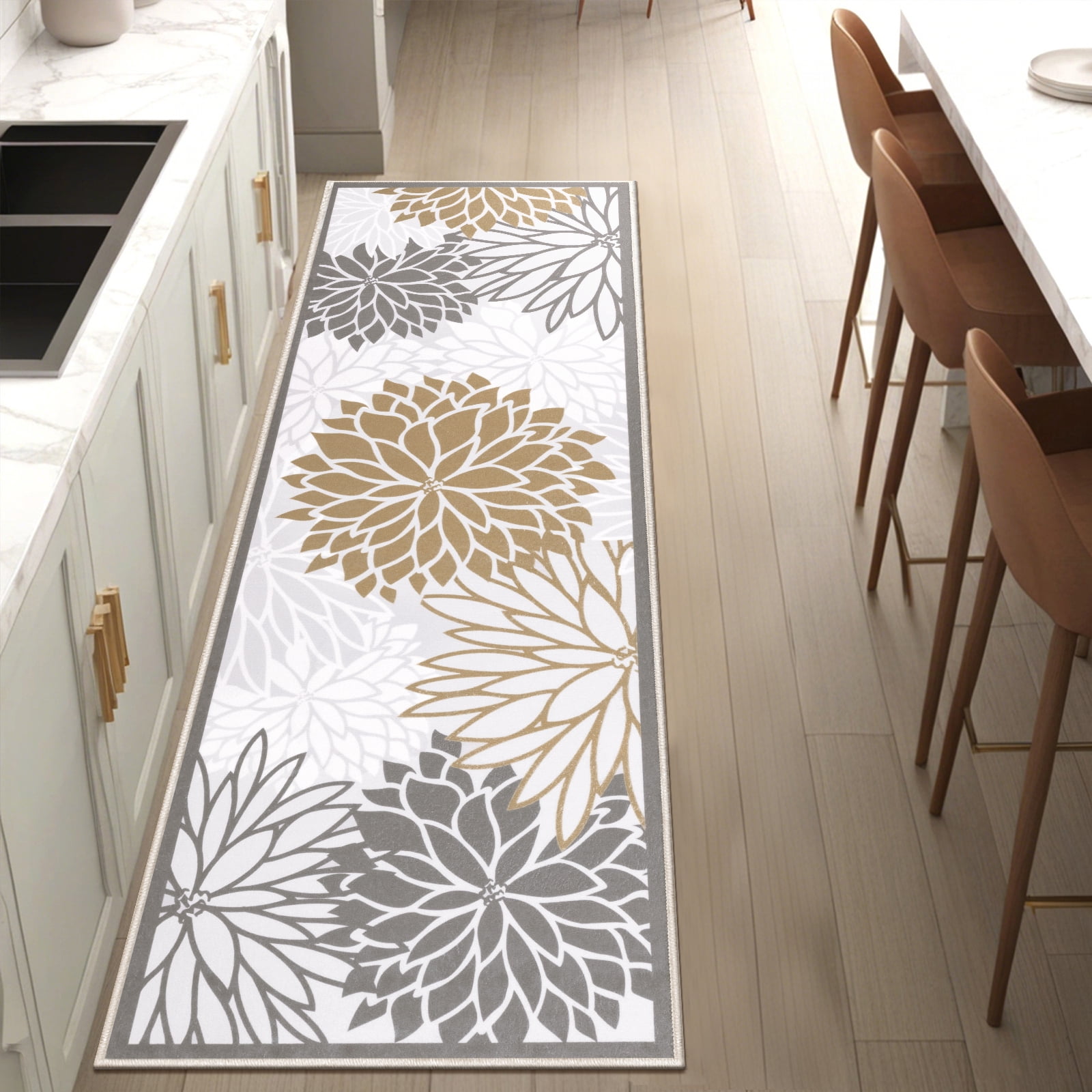 MeyJey 2'x6' Floral Runner Rug for Hallways, Oriental Non Slip Machine Washable Area Rugs Vintage Floor Carpet for Bedroom Kitchen Dinning/Living/Laundry Room, Brown/Gray