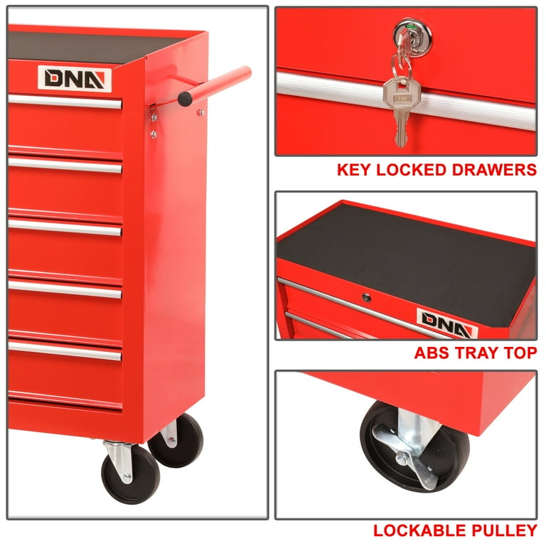 DNA Motoring TOOLS-00263 5-Drawer Red Plastic Top Rolling Tool