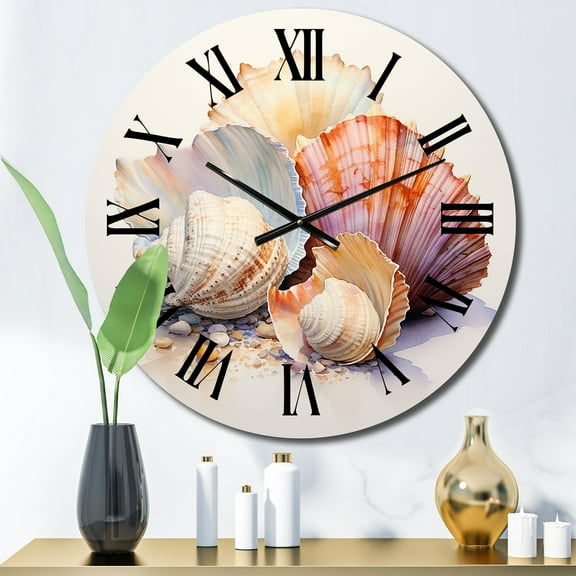 Designart "Watercolor White Seashells composition I" Animals Oversized Wall Clock