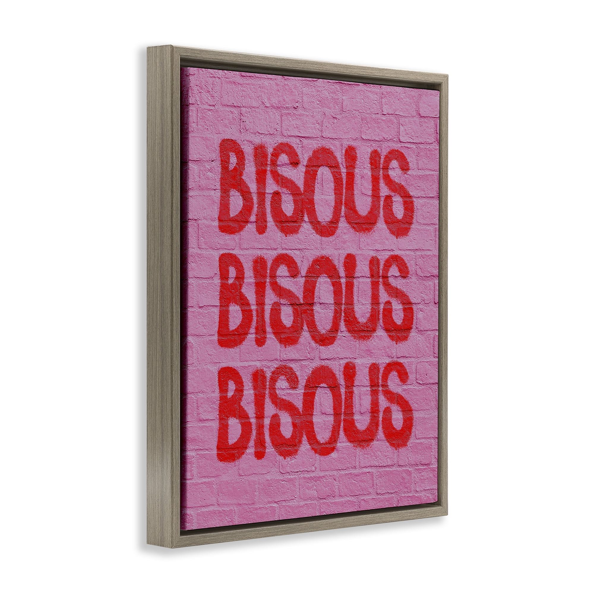 Stupell Industries Bisous on Brick Pattern Text & Numbers Painting Brown Floater Framed Canvas Art Print Wall Art, 17 x 21