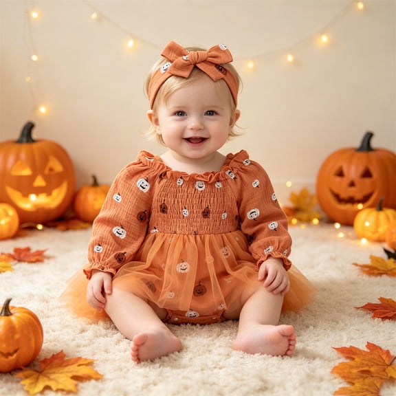 FASHOFT Baby Halloween Pumpkin Print Long Sleeve Tulle Romper Dress Cute Girl One Piece Outfit Soft Breathable Holiday Wear Baby Halloween Outfit Red 0-3 Months