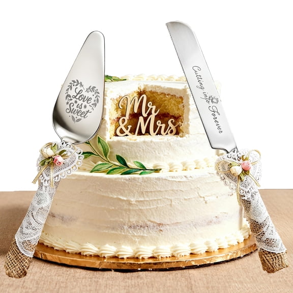 Rustic Wedding Cake Knife and Server Set with Lace & Burlap Handle – Stainless Steel Cake Cutter and Pie Server for Bride and Groom, Engagement, Anniversary
