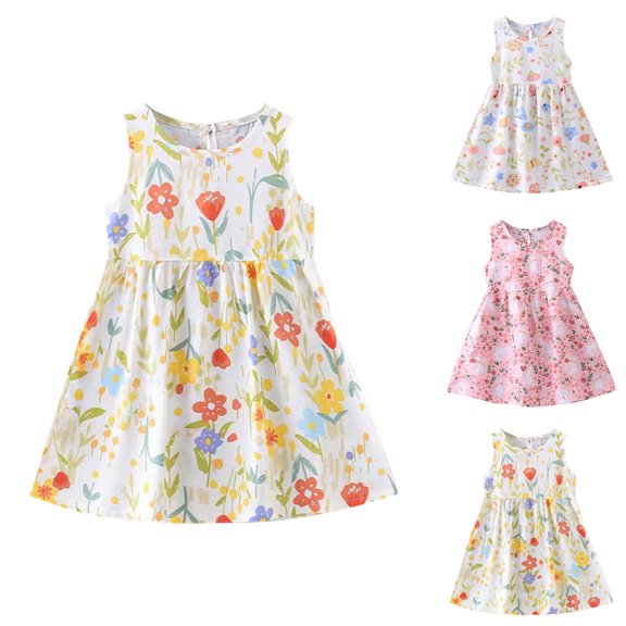 SROBPTY Girls Summer Dress Print Crew Neck Sleeveless Mid-Length Sundress for 1-7 Years