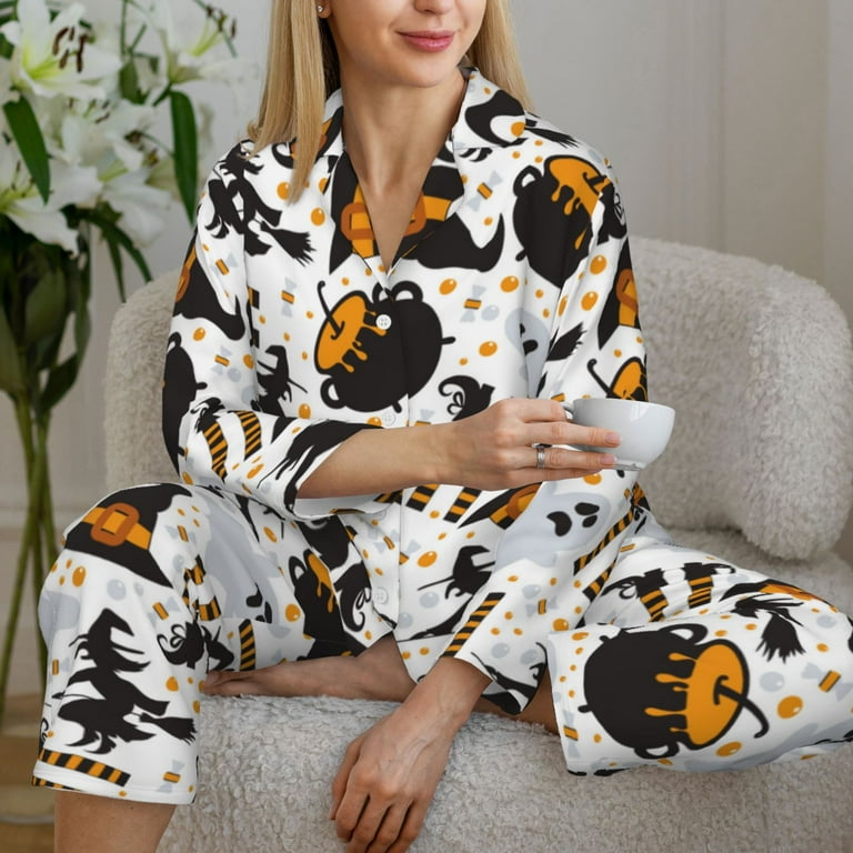 Halloween Pajamas for Women Set halloween hat witch Long Sleeve Button Up Pajama Sets for Women 2 Piece Nightwear Sleepwear Halloween Pjs Sets for Women with Pockets Walmart