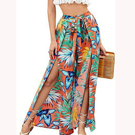 Lilgiuy Women's Casual Lace Up Elastic Waist Printed Split Wide Leg Pants for Photoshoot Holiday Birthday