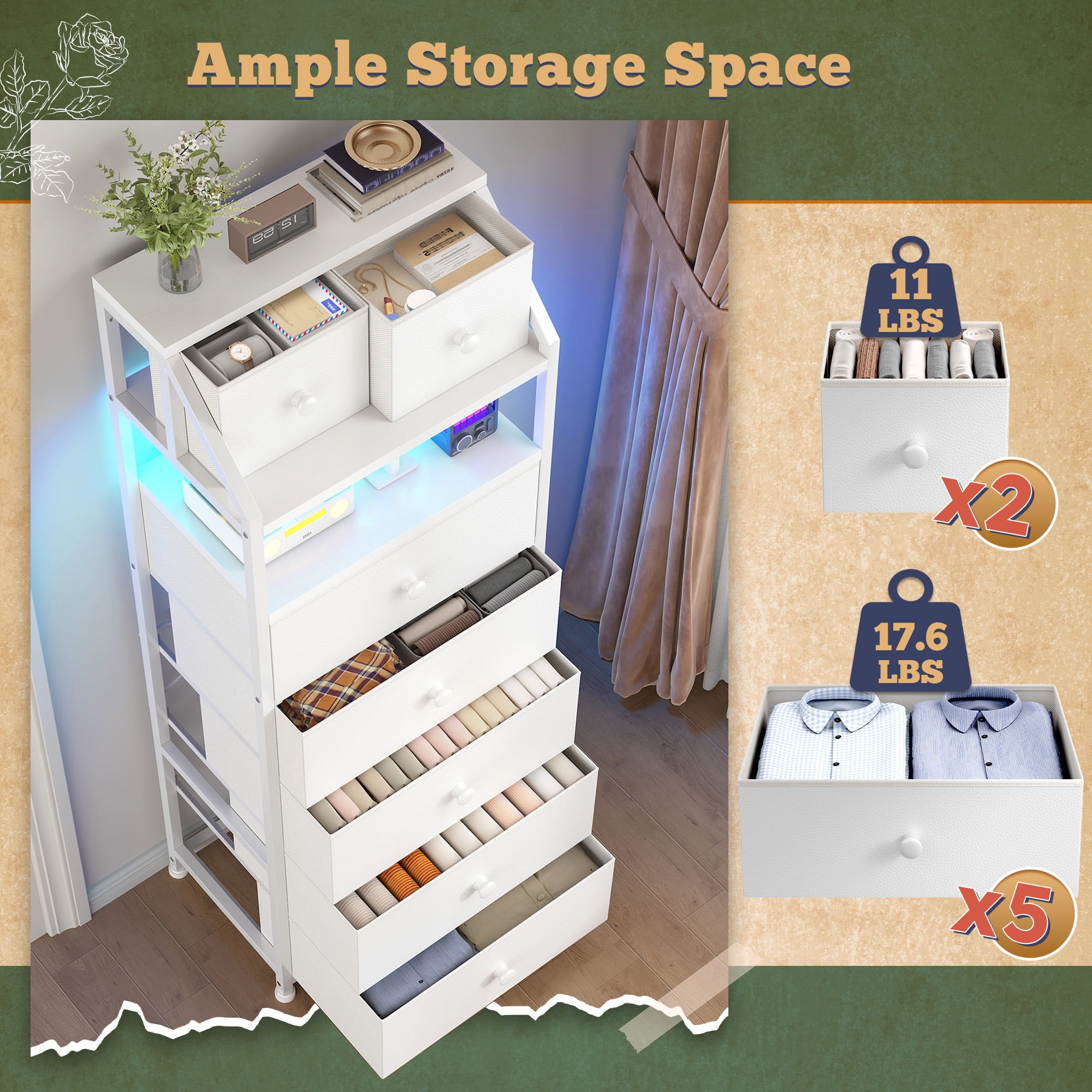 White Tall Dresser for Bedroom Dresser with LED Lights Tall Fabric Dresser with Open Wood Shelf,Tall Dresser of Metal Frame