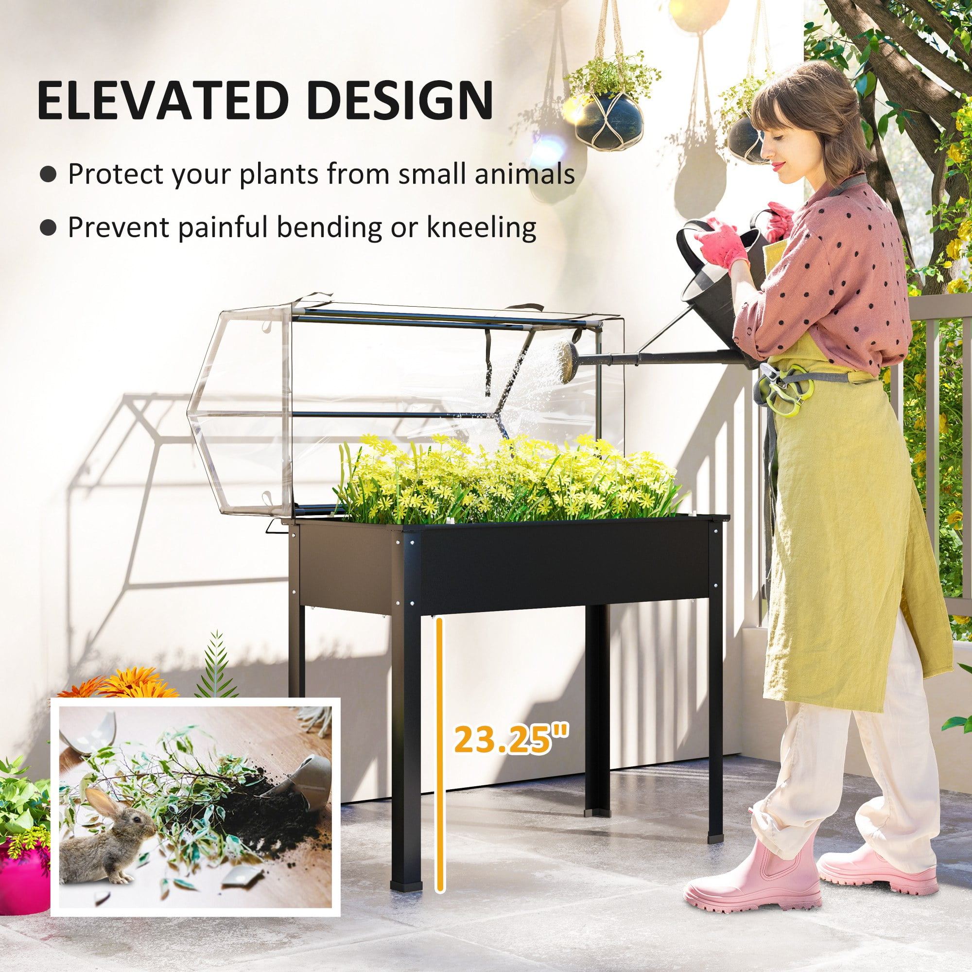 Outsunny Raised Garden Bed with Greenhouse Cover, Elevated Garden Box with Legs and Drainage Hole for Vegetables, Black