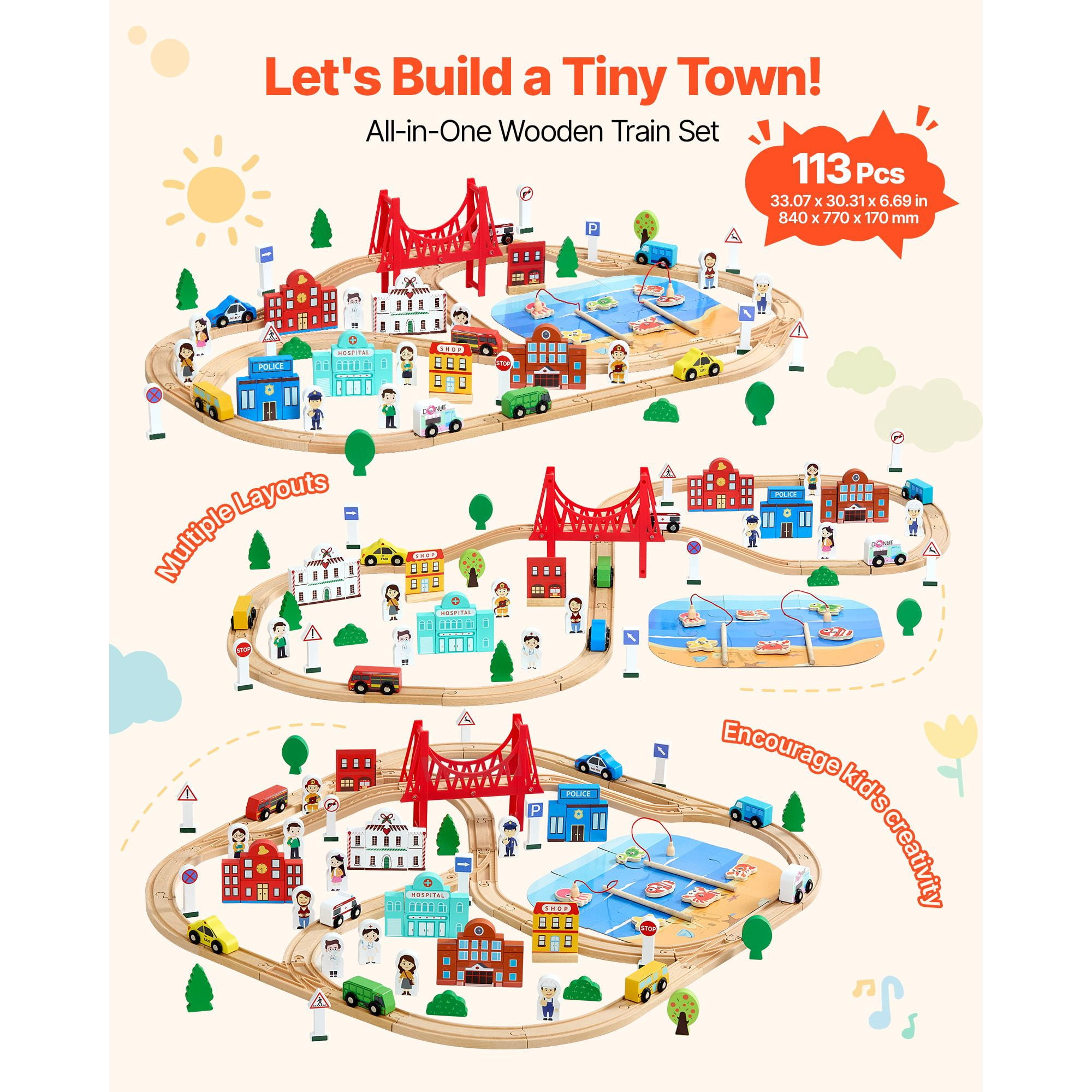 113PCS Wooden Train Set, for Kids Ages 3-8, Wood Train Track Toy with Storage Box, City Scene Railway Playset, Compatible with Major Brands, Christmas Birthday Toy for Toddlers Boys and Girls