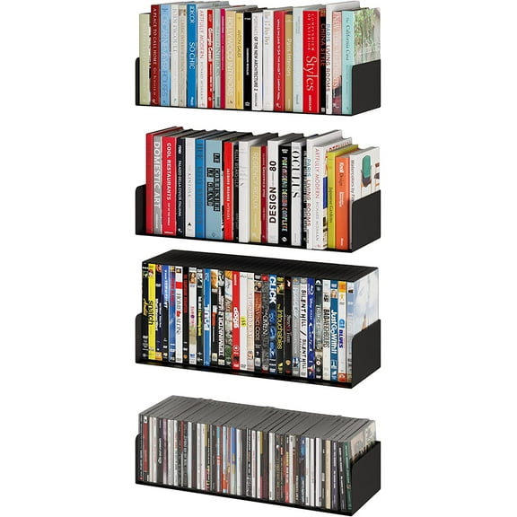 Wallniture Bali Black Floating Shelves for Wall, CD DVD Storage Shelves and Metal Bookshelf Set of 4
