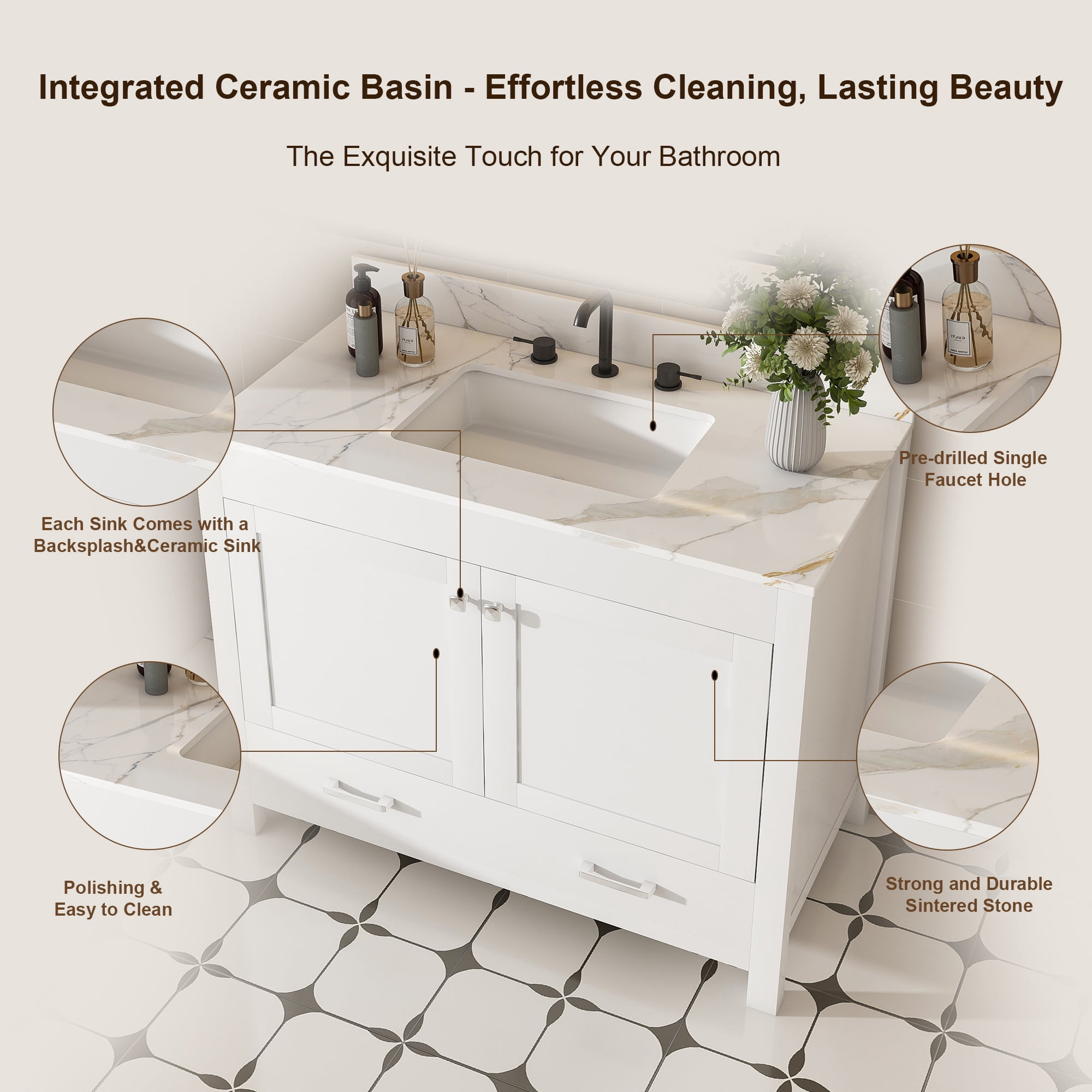 Mintazer 43 Inch Bathroom Vanity Cabinet with Sink, Bathroom Storage Vanity with Drawer & 3‑Hole Ceramic Sink Sintered Stone Countertop, Backsplash for Bathroom, White