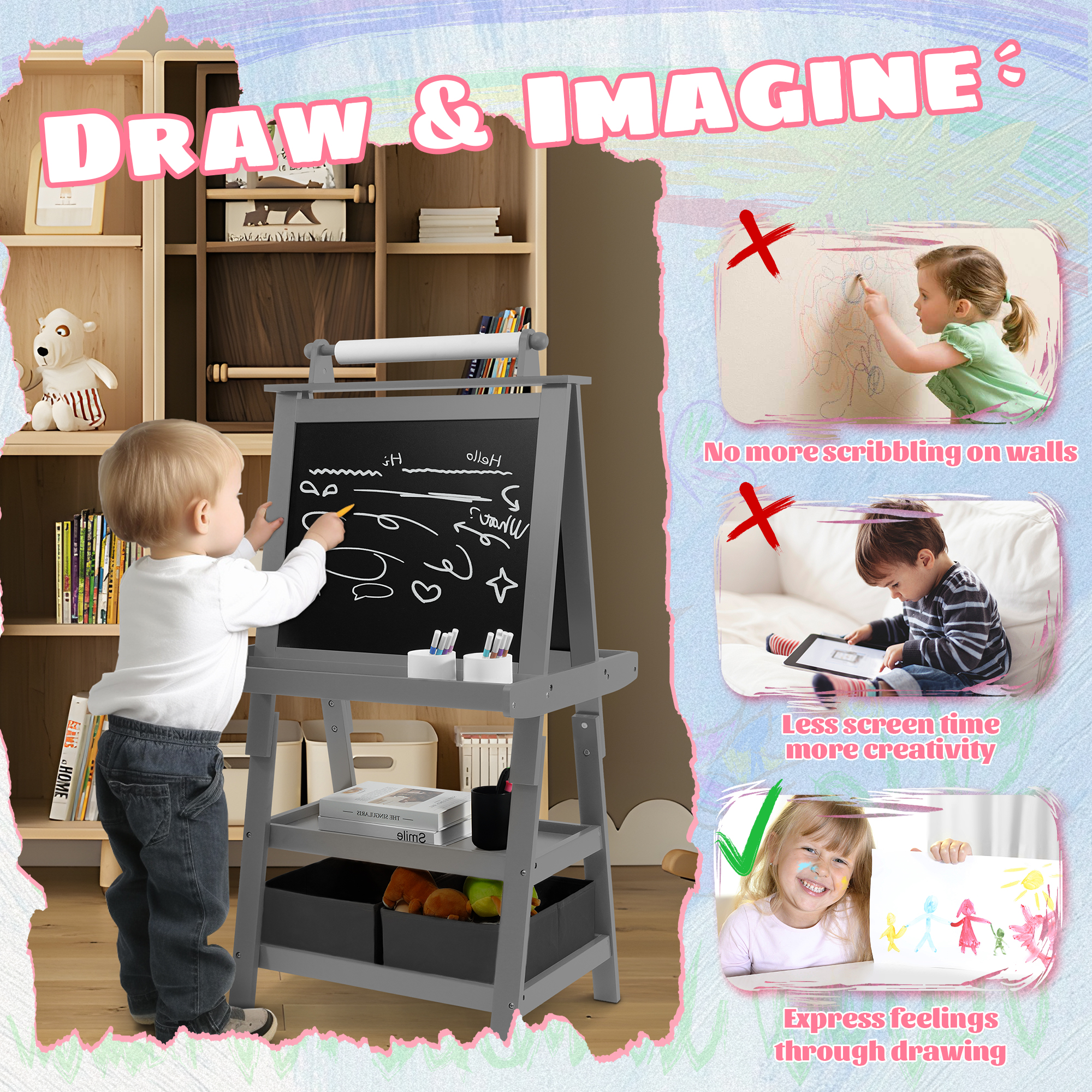 Signature Fitness 3-in-1 Kids Art Easel，Double-Sided Wooden Easel，with Chalkboard, Whiteboard, Paper Roll, 2-Tier Rack & 2 Storage Boxes