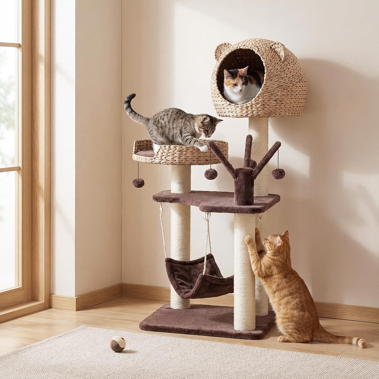LEHOME Modern Cat Tree Tower, Multi-Level Tall Activity Center with Natural Sisal Scratching Posts, Hammock, Hand-Made Cattail Cute Condo with Funny Toy Balls (Brown)