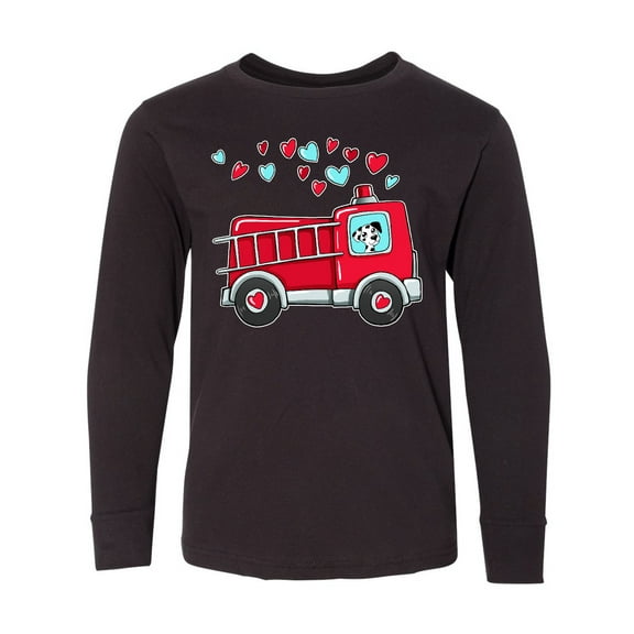 Inktastic Valentine Fire Truck with Cute Dalmatian and Hearts Long Sleeve Youth T-Shirt