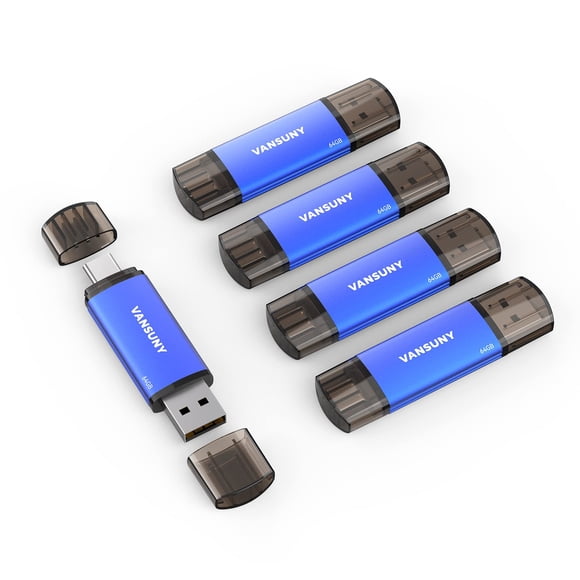 Unidad flash USB Vansuny de 64 GB, paquete de 5 unidades, USB tipo C 2 en 1, azul