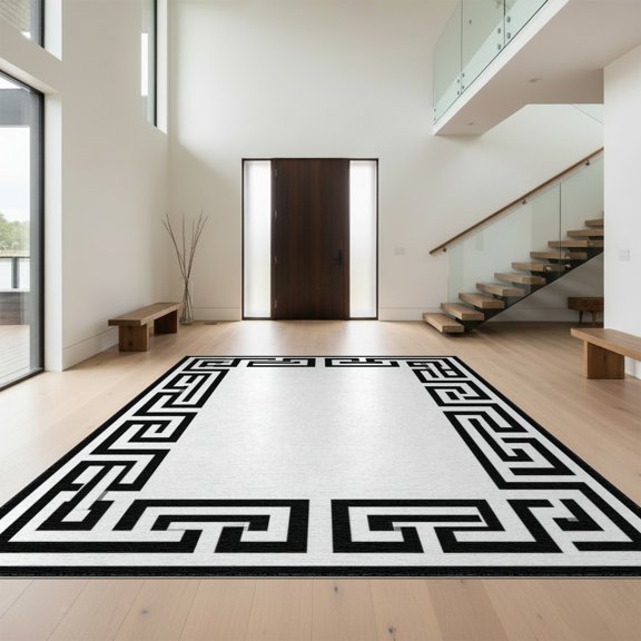 Design&I 8'x10' Washable Area Rug Sleek Flatweave Pet Friendly Traditional Greek Key Geometric Border Interlocking Meander Motif for King Size Bedroom, Under Bed