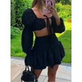 thumbnail image 1 of Sexy sólido Tops trajes mujer moda cinturón de lazo manga larga ahueca hacia fuera traje mujeres elegantes Mini faldas trajes mujer verano O LingWen 8390615552967, 1 of 1