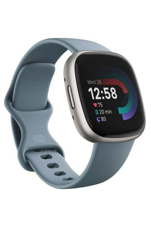Open Box Fitbit FB523SRAG-US Versa 4 Fitness Smartwatch - Waterfall Blue/Platinum Aluminum