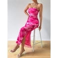 thumbnail image 4 of Women'S Summer Dress Printed Strapless Tube Bodycon Maxi Side Slit Mesh Layered Rose Red XL, 4 of 9