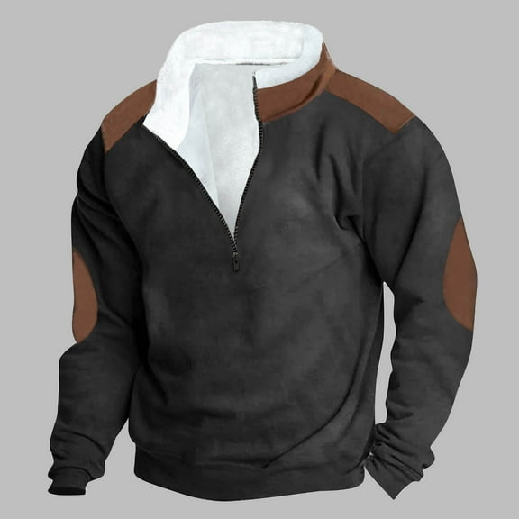 Mens Big and Tall Pullover Sweatshirts S-5XL with Zipper and Pocket Plus Size Fleece Lined Long Sleeve Warm Stand Collar No Hood Sweatshirt