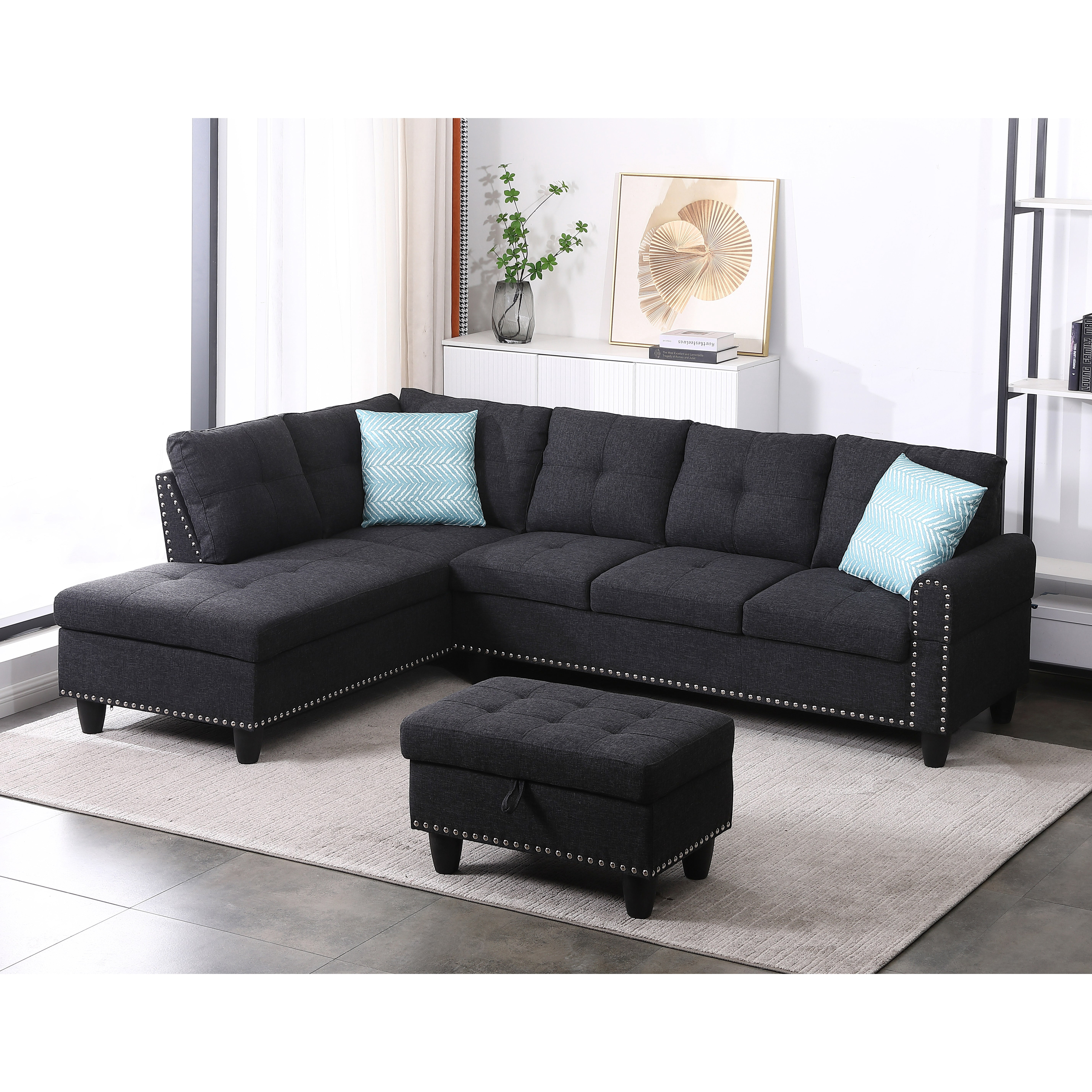 Gewnee L-Shaped Sofa & Chaise Sectional, Linen Blend Fabric Upholstered Couch with Storage Ottoman, Nailhead Trim and Toss Pillows for Living Room Apartment, Charcoal Grey