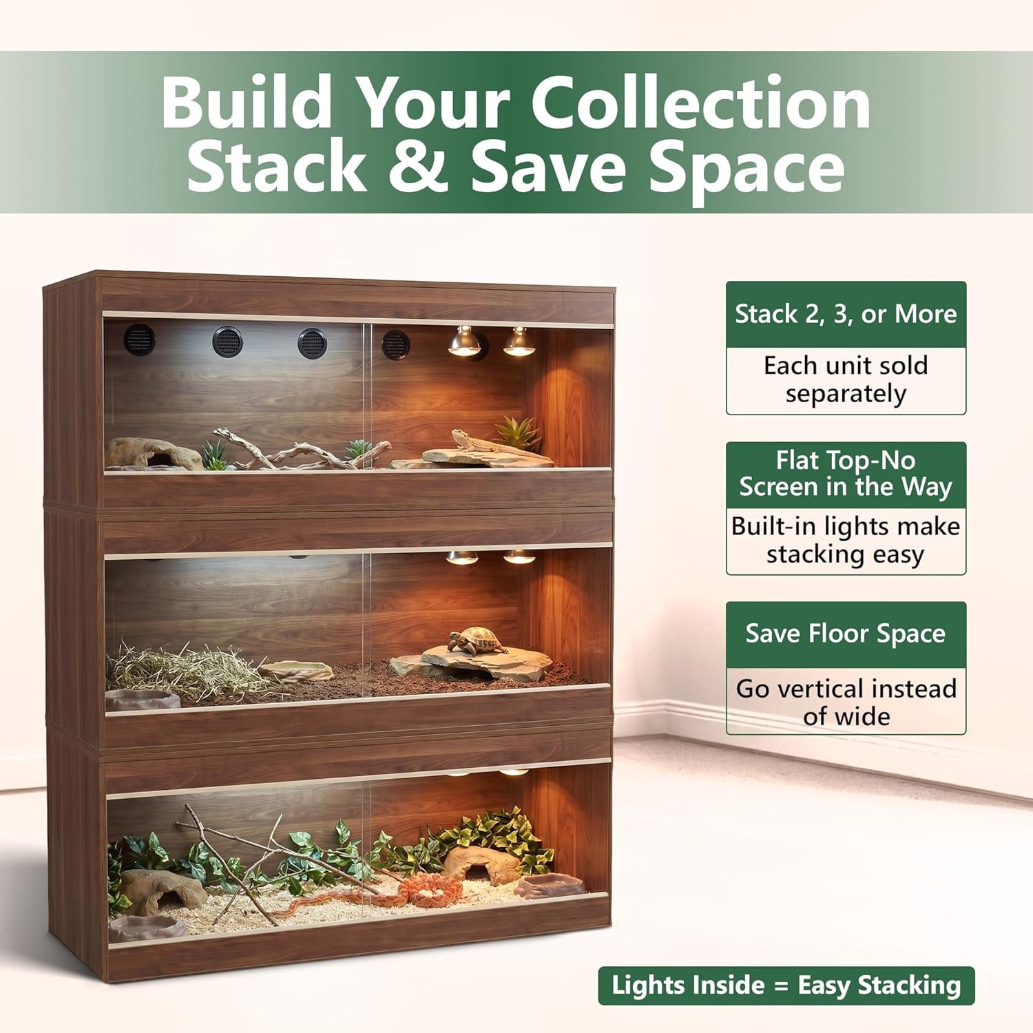 Crawl Creations 180 Gallon Reptile Enclosure, Made in USA 72" x 24" x 24" Bearded Dragon Tank with Sliding Glass Doors, Large Terrarium for Geckos, Snakes, Lizards & Tortoises - California Walnut