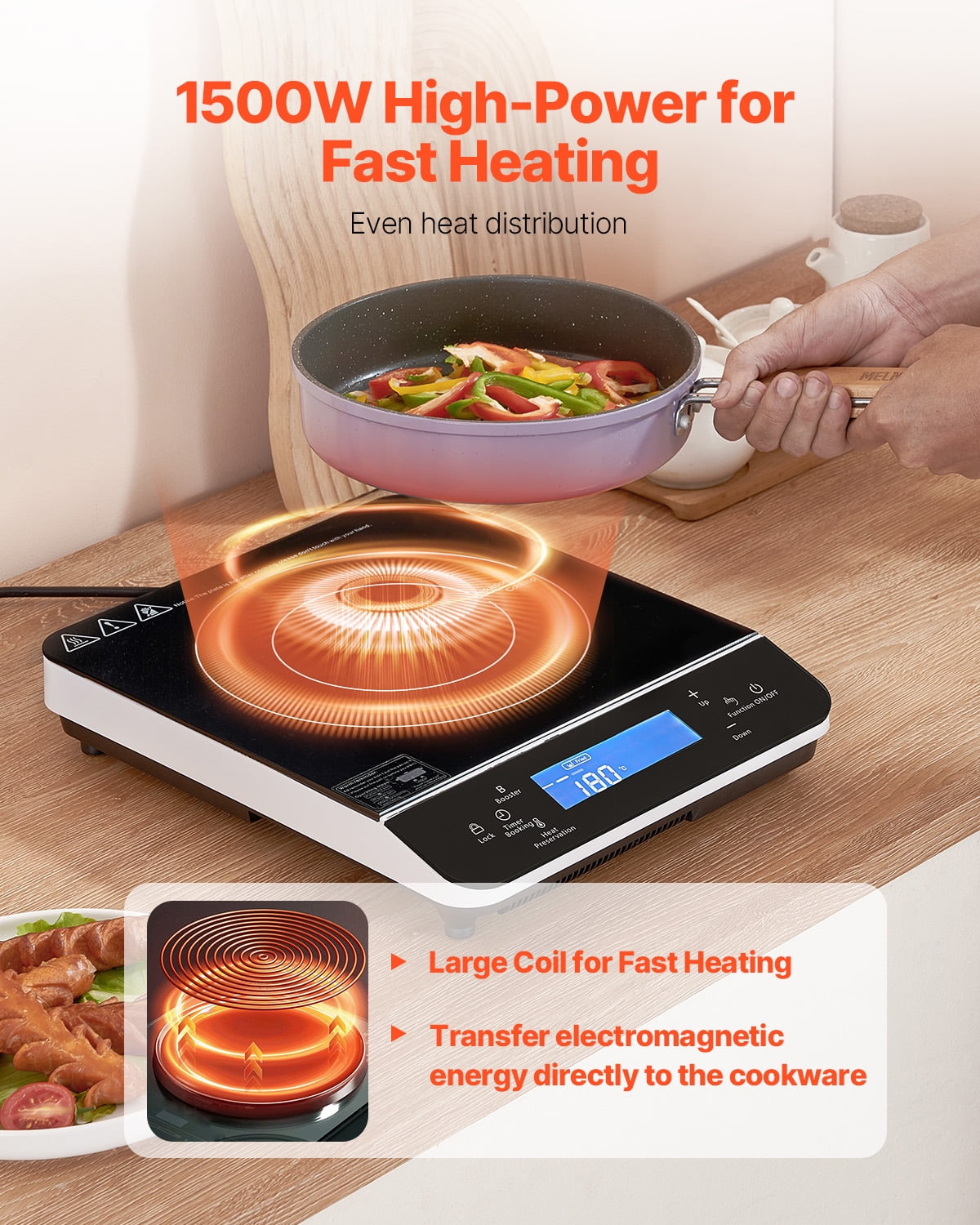 KFFKFF Compact Induction Stovetop, 1500W Electric Induction Heater with Nine Heat Levels, Tabletop Induction Cooking Plate with 4-Hour Timer, 24-Hour Pre-set, Child Safety Feature, Simple to Clean