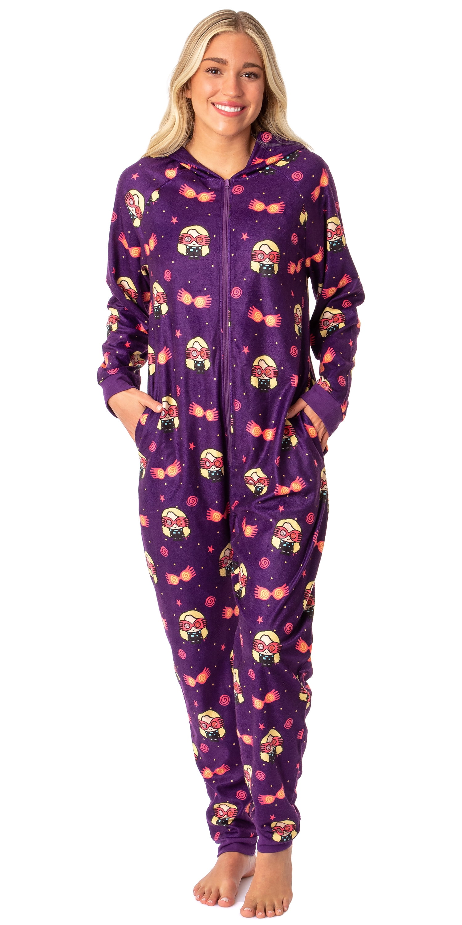 Harry Potter Womens' Luna Lovegood Chibi Footless Sleep Hooded One-Piece Union Suit Pajama Lounge