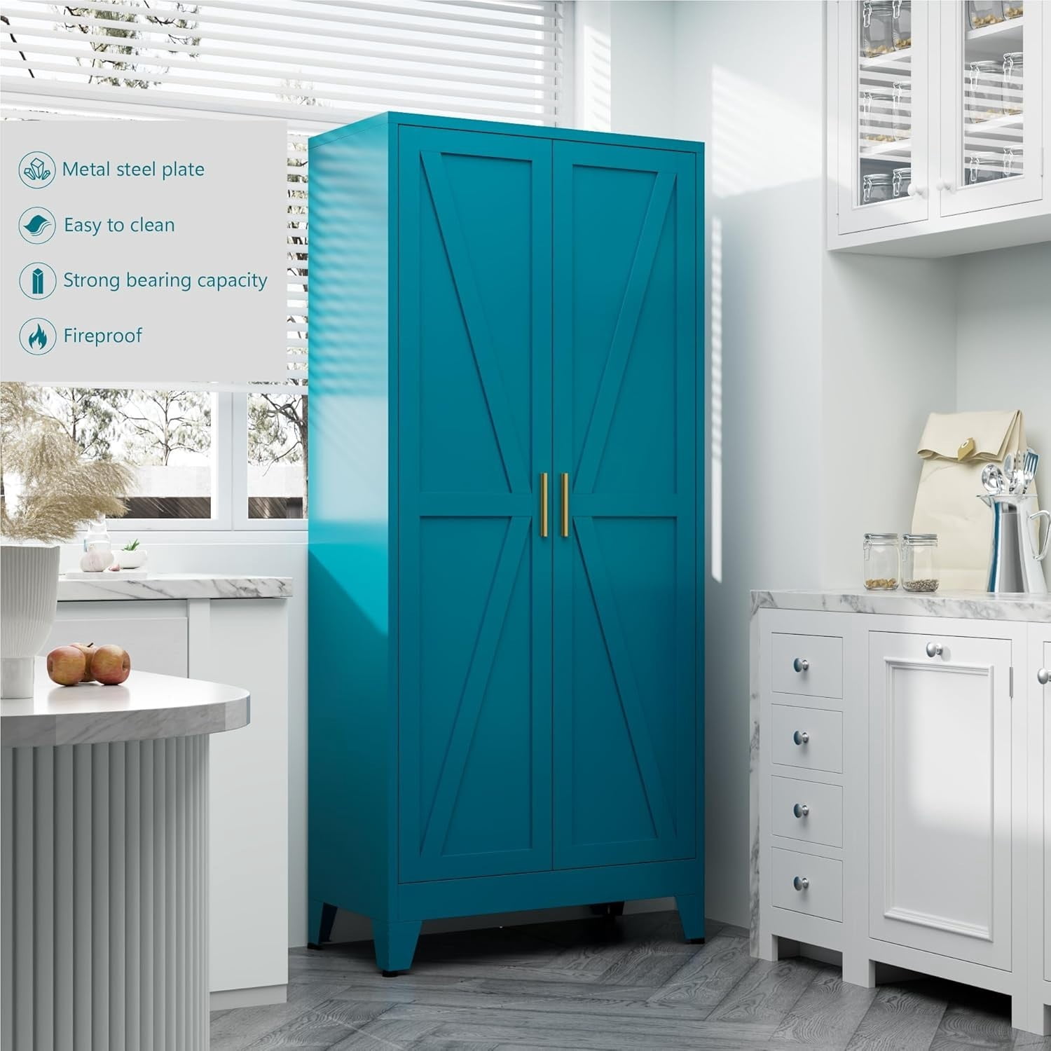 WDZS Large Metal Kitchen Pantry Cabinet with Adjustable Shelves - Freestanding Kitchen Storage Cabinet for Dining Room,Livingroom Bathroom, Hallway, Workshop, Office,Blue