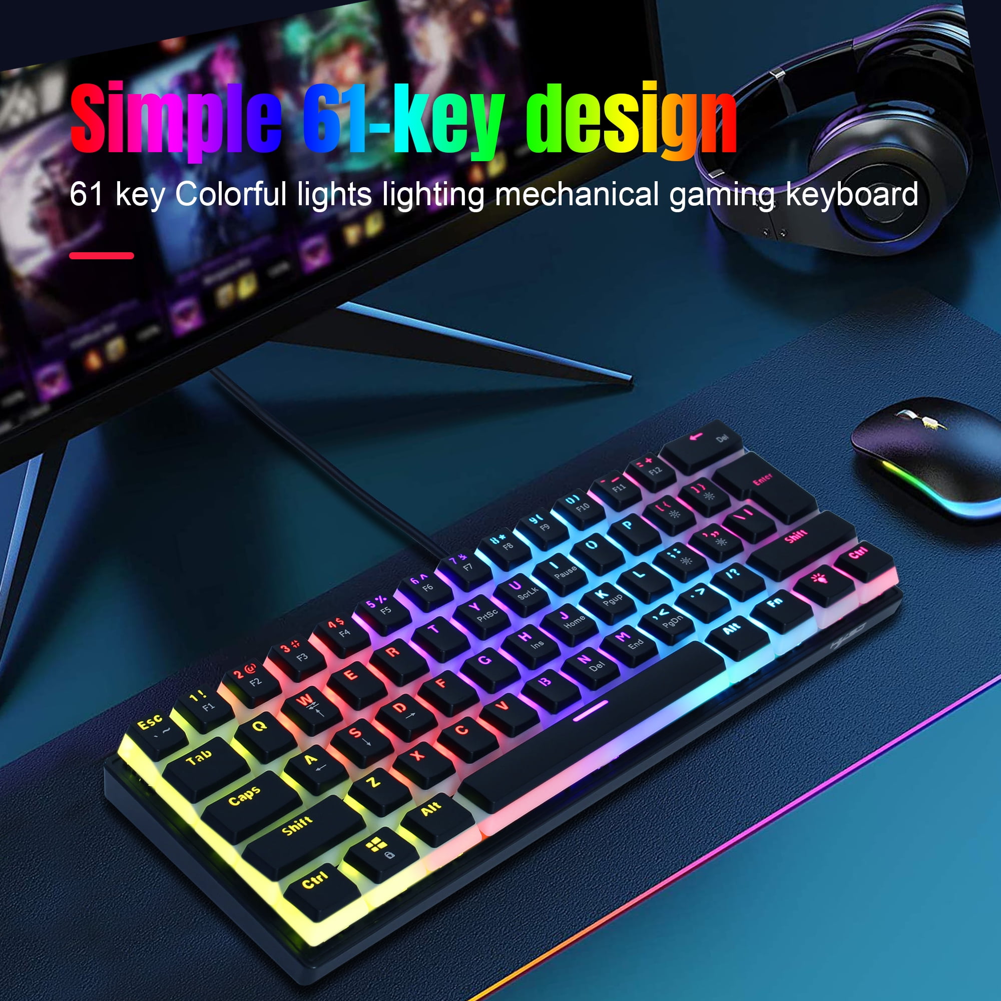 60% Wired Mechanical Gaming Keyboard,RGB Backlit Mini Keyboard with Blue Switch Keys,Waterproof Small Ultra-Compact 61 Keys Keyboard for PC/Mac Gamer,Typist,Travel