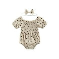 thumbnail image 1 of Bagilaanoe Summer Baby Girls Romper Infant Heart Print Puff Short Sleeve Jumpsuit 6M 12M 18M 24M Bodysuit + Headwear, 1 of 9