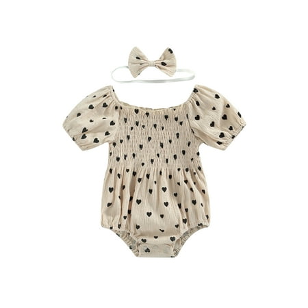 

wybzd Infant Baby Girls Summer Heart Printing Lace Collar Puff Short Sleeve Ruched Romper with Bow Headwear 0-24 Months