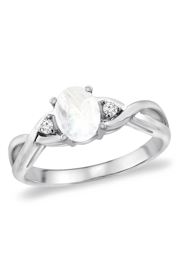 14K White Gold Diamond Natural Rainbow Moonstone Infinity Engagement Ring Oval 7x5 mm, size 7