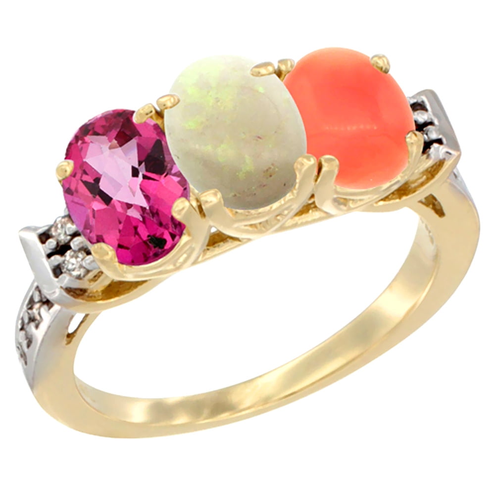 10K Yellow Gold Natural Pink Topaz, Opal & Coral Ring 3-Stone Oval 7x5 mm Diamond Accent, sizes 5 10 by WorldJewels