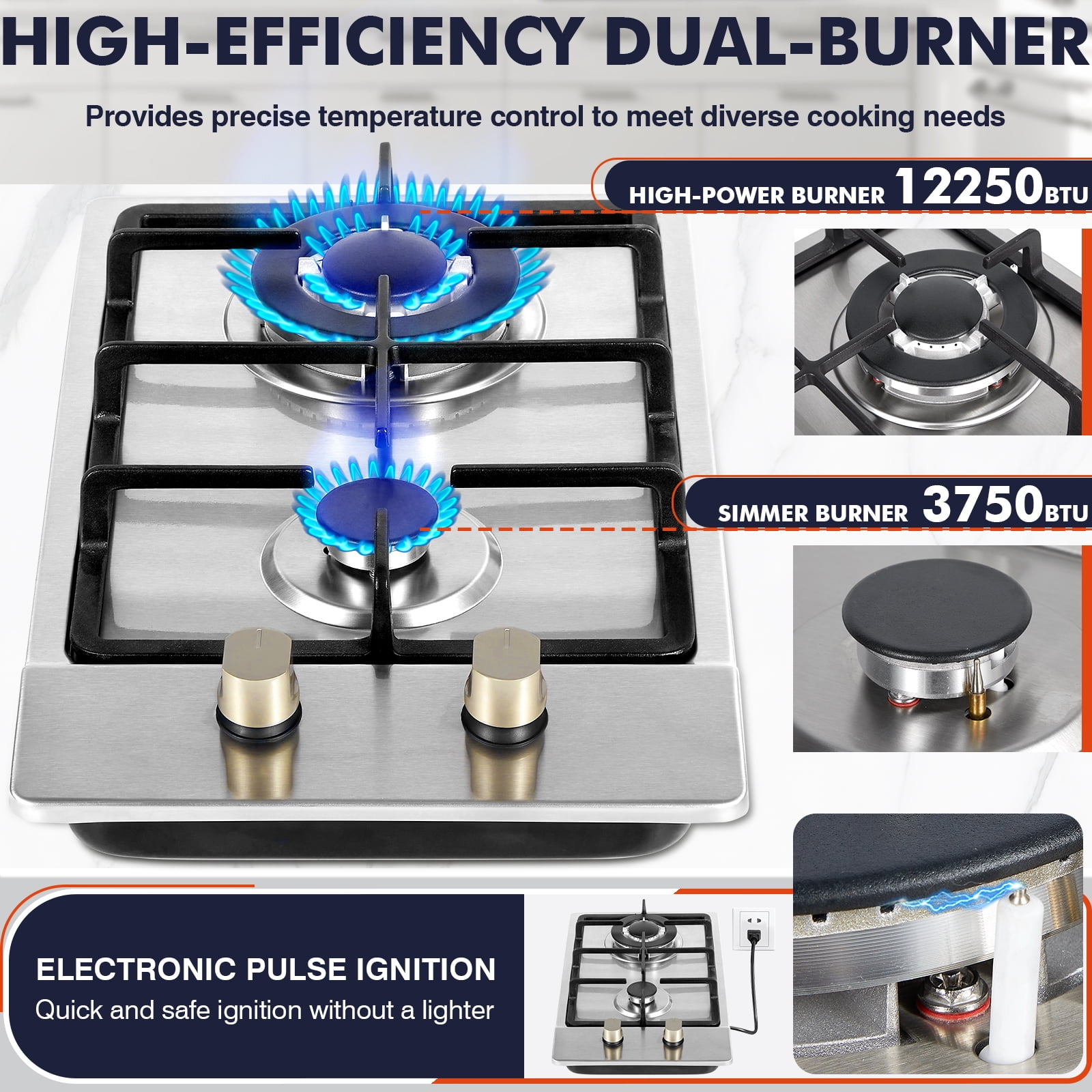 FRIZI 12-Inch 2 Burner Gas Stove, Portable Stainless Steel Propane Cooktop, Dual Fuel LPG/NG Convertible with Thermocouple Safety Protection for Kitchen, RV, Camping, and Outdoor Cooking