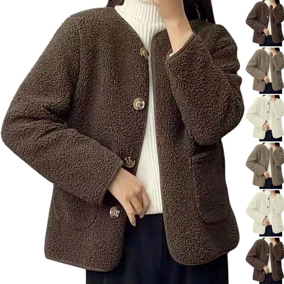Hueook Flannel Jacket Women Jacket Women Women's Fashionable Round Neck Lambhair Loose Top Jacket Coffee 2X