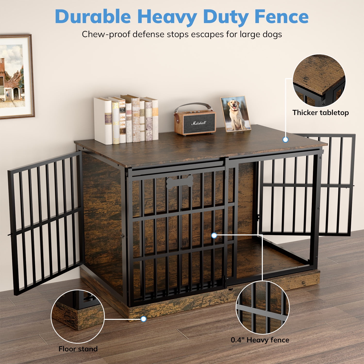 Behost 47" Dog Crate Furniture for Large Dogs, Indoor Dog Cage Kennel with Customizable Nameplate, 3-Sided Access, Rustic Brown