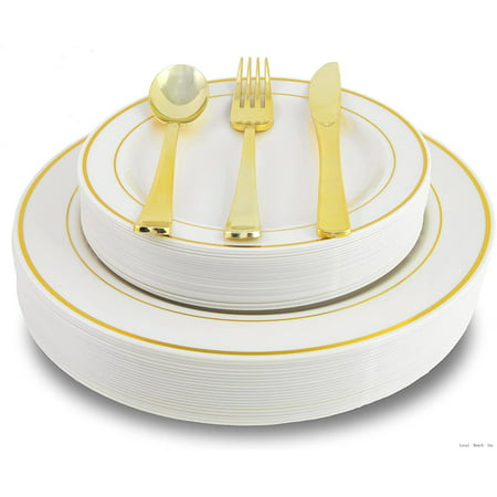 

200 Piece Heavyweight Party Disposable Plastic Plates And Cutlery Set Includes 40 Dinner Plates 40 Dessert Plates And 40 Pieces Of Glossy Silver Plastic Forks Knives And Spoons (White/Gold)