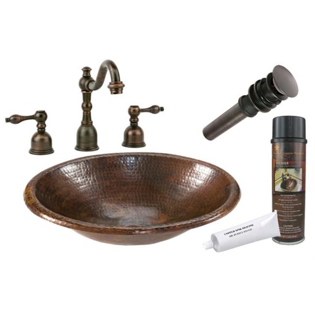 Premier Copper Products BSP2-LO18RDB 18 in. Copper Drop In Bathroom Sink with Tru Widespread Faucet