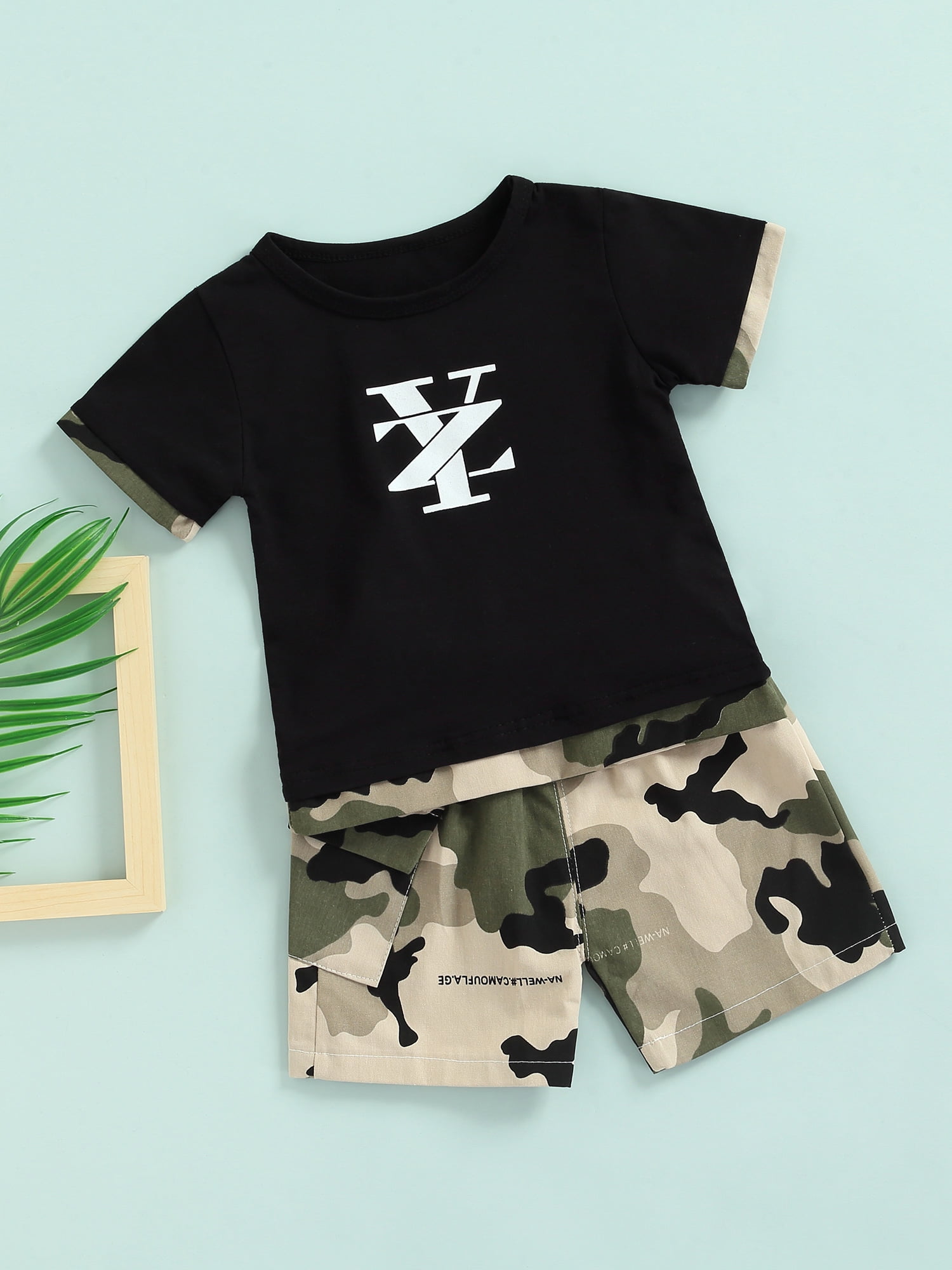 Mialoley Toddler Kids Boys 2 Pieces Outfit, Letter Print Round Neck Short  Sleeve T-Shirt + Camouflage Shorts Summer Set 